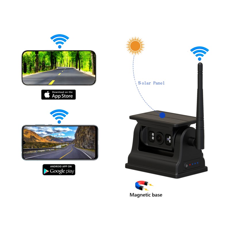 كاميرا رؤية خلفية لاسلكية 1080P WiFi لنظام Android iOS مع شحن بالطاقة الشمسية وحامل مغناطيسي
