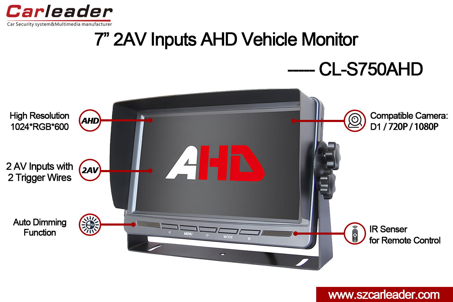 شاشة عكسية مقاس 7 بوصة 2AV AHD للشاحنة